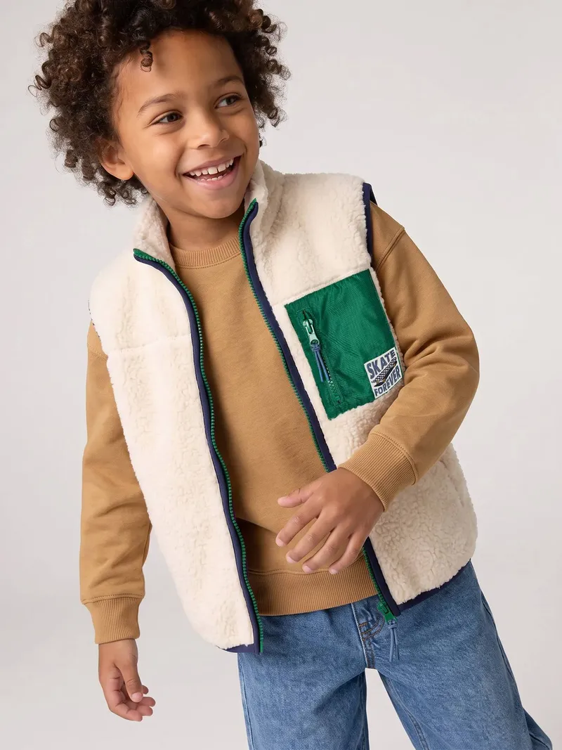 Vertbaudet Vertbaudet Jungen Teddyfleece-Weste mit Brusttasche, Wollweiß, – Produktbild 2 von 4