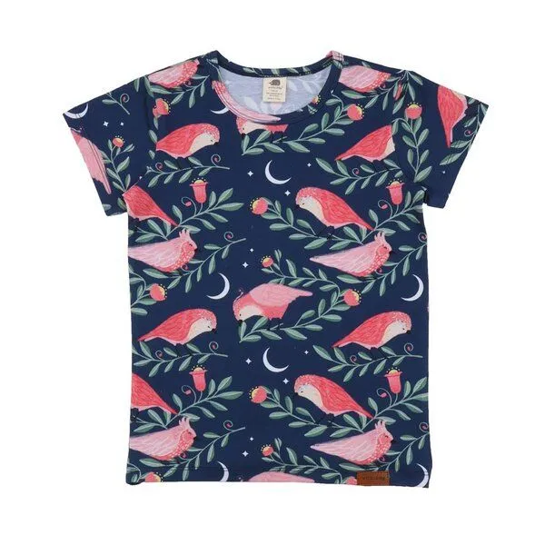 Walkiddy Kinder T-Shirt GOTS zertifiziert Bio-Baumwolle Dunkelblau Vogel-Print „Pinky Birds“ Kurzarm weich – Walkiddy – Produktbild 1 von 2