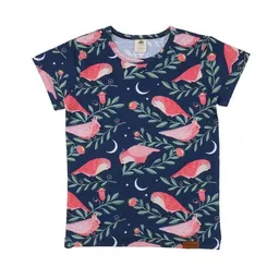 Walkiddy Kinder T-Shirt GOTS zertifiziert Bio-Baumwolle Dunkelblau Vogel-Print „Pinky Birds“ Kurzarm weich – Walkiddy – Produktbild 1 von 1