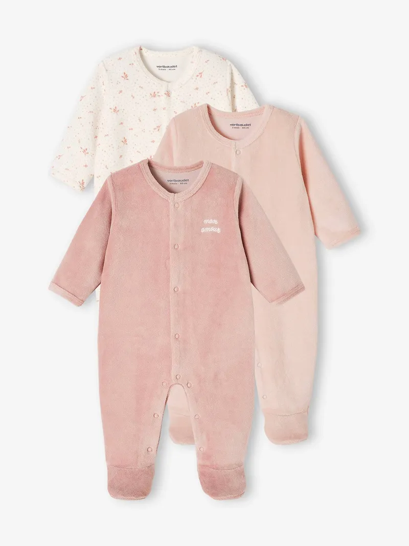 Vertbaudet 3er-Pack Baby Samt-Strampler BASIC, Rosenholz, – Produktbild 1 von 3