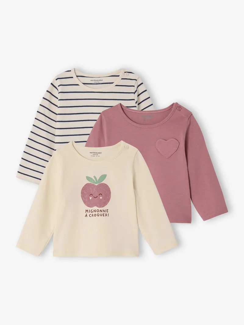Vertbaudet 3er-Pack Baby Langarmshirts BASIC, Altrosa, – Produktbild 1 von 4