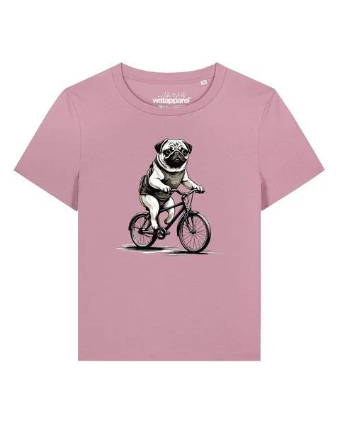 watapparel watapparel T-Shirt Frauen Mops auf Fahrrad, Lilac dream, – Produktbild 1 von 2