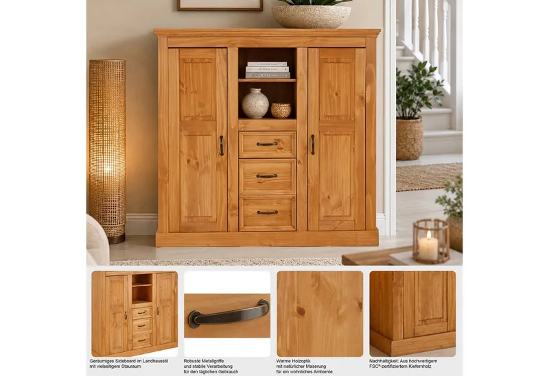 OTTO home Highboard Selma Kommode mit 2 Türen, 3 Schubläden und 8 Fächer, Metallgriffe, massives Kiefernholz, natürliche Maserung & Metallgriffe, 130cm breit, Beige, – Produktbild 4 von 5
