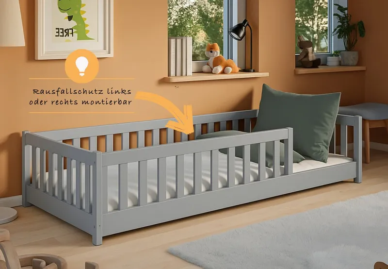 Kids Collective Kinderbett Bodenbett Bett mit Rausfallschutz & Lattenrost Montessori Bett Kinder (Jungen, Mädchen, Kinder, weitere Größen 80x160, 80x180, 90x200, 120x200, 140x200 cm), Jugendbett Gitterbett Einzelbett, Aschgrau Kiefer 90x190 cm, Grau, – Produktbild 4 von 5