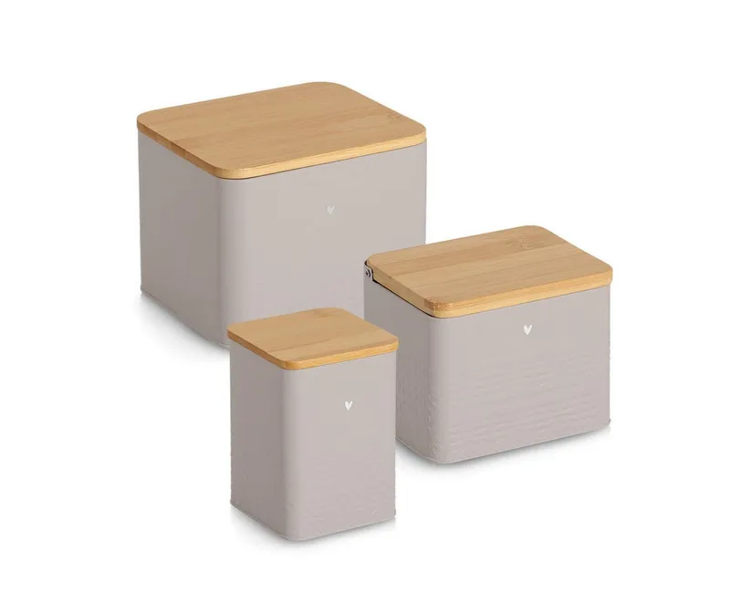 Zeller Present Vorratsdose Dosen mit Bambusdeckel, 3tlg., "Heart", Metall, (Set, 3-tlg), 9,5x9,5x13,5 (950 ml), 14x11x11,2 (1200 ml), 18x15,7x14,5 (3000 ml) cm, Grau, – Produktbild 2 von 5