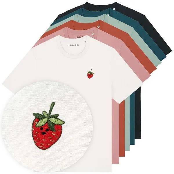 LIGARTI Besticktes T-Shirt – Erdbeere – LIGARTI Tiermanufaktur, Terracotta, – Produktbild 2 von 3