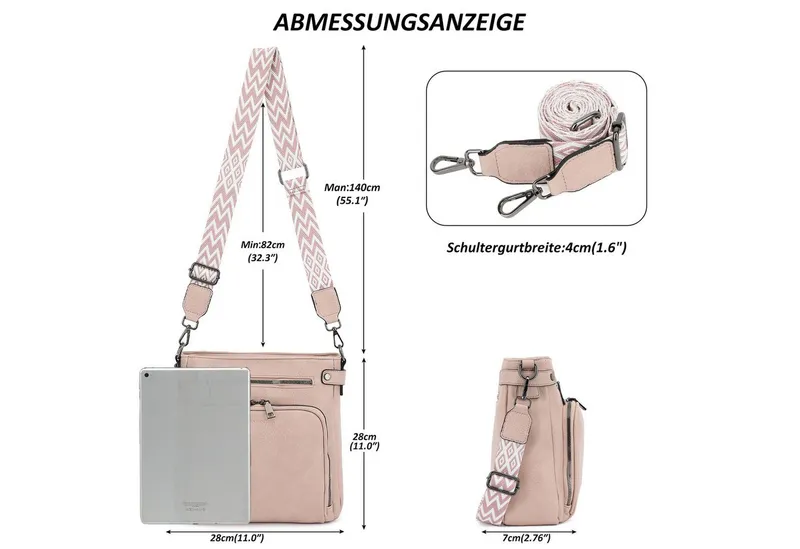 TAN.TOMI Schultertasche Handtasche damen mittelgroß Umhängetaschen crossbody bag, Retro leder PU damentaschen mit breitem gurt handtaschen, Rosa, – Produktbild 3 von 5