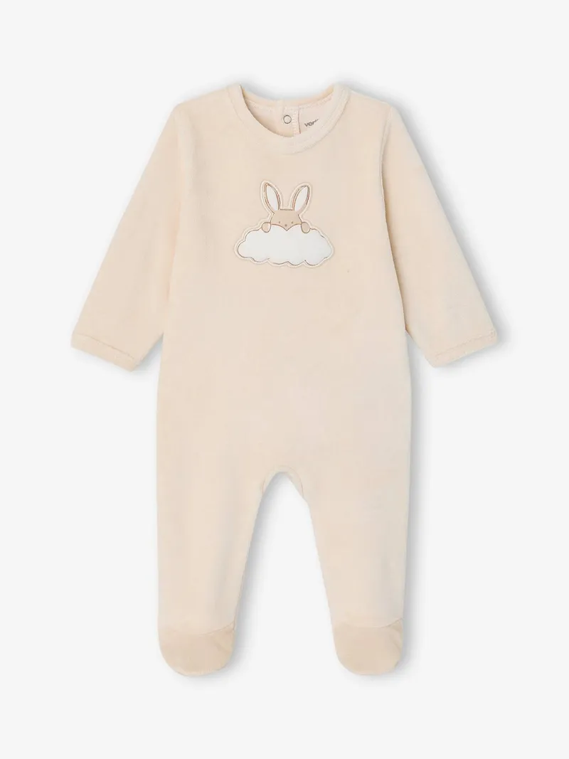 Vertbaudet Baby Samt-Schlafanzug mit Rückenöffnung, Wollweiß, – Produktbild 1 von 4