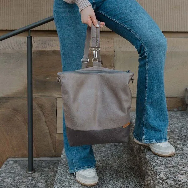 BOWLEANIES TASCHEN BOWLEANIES TASCHEN 2-in-1 Rucksacktasche aus Lederfaserstoff, Hellgrau & dunkelgrau, – Produktbild 4 von 4