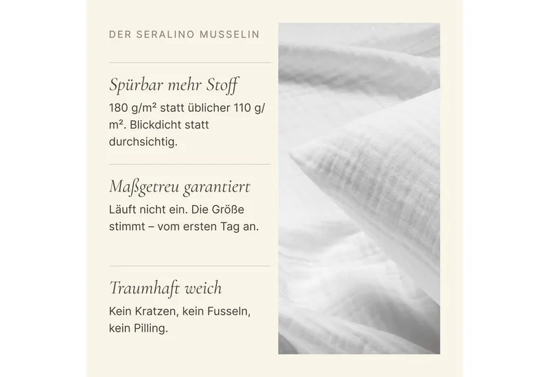 Seralino Bettwäsche aus Musselin (100% Bio Baumwolle) inkl. 80x80 Kissenbezug, blickdicht, besonders weich, bügelfrei, formstabil, verdeckter Reißverschluss, Weiß, – Produktbild 4 von 5
