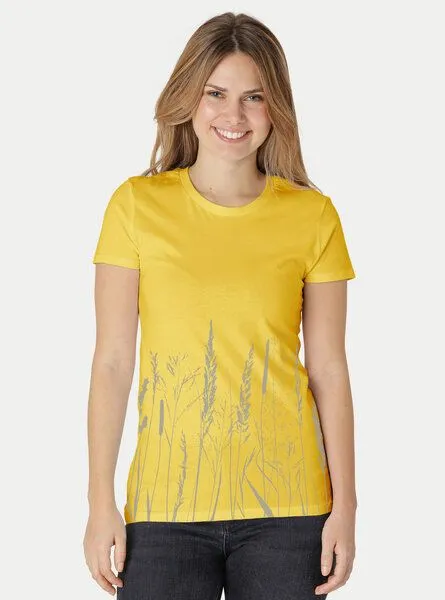 Peaces.bio - handbedruckte Biomode Peaces.bio - handbedruckte Biomode Damen Fit T-Shirt Gräservielfalt, Gelb, – Produktbild 2 von 2
