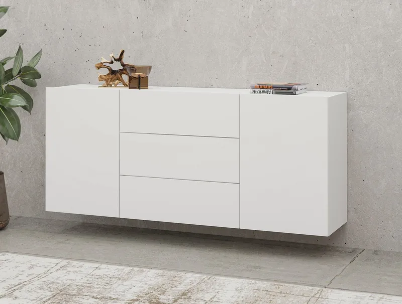 Home affaire Sideboard Ava, Breite 140 cm, hängend und stehend montierbar, moderne grifflose Kommode, Schubladenschrank, 2Türen/3Schubkästen, Weiß, – Produktbild 1 von 5