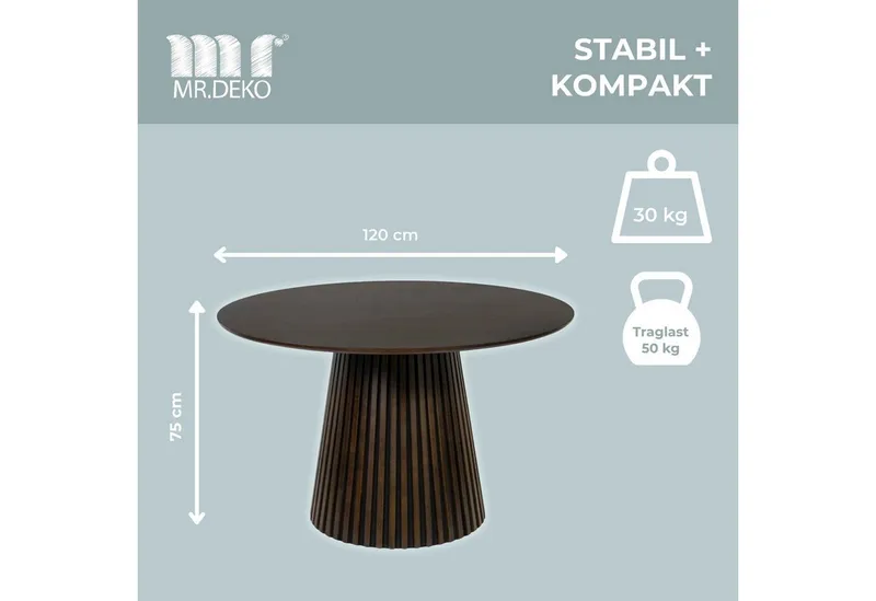 MR.DEKO Esstisch Diningtisch Esszimmertisch Barletta Smoked Oak rund 120 cm FSC®100%, Runde Tischplatte aus Eiche, Gestell Lamellenoptik, Esszimmer, Braun, – Produktbild 3 von 5