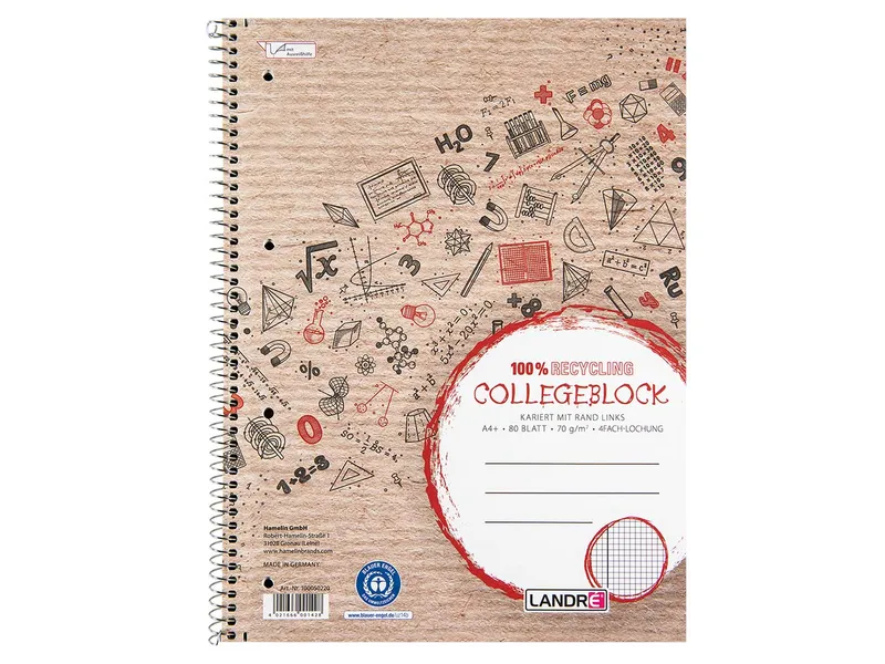 Herlitz herlitz Recycling-Collegeblock mit Rand links, DIN A4, kariert, 80 Blatt – Produktbild 1 von 1
