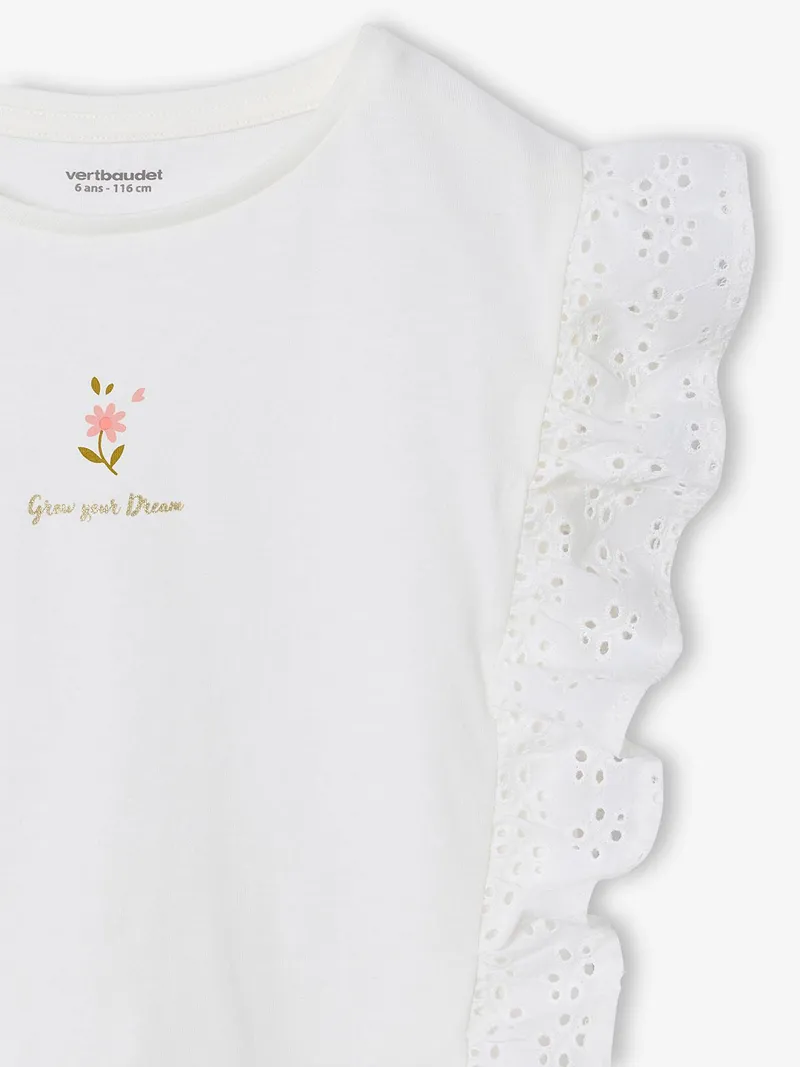 Vertbaudet Mädchen T-Shirt mit Lochstickerei-Volants, Wollweiß, – Produktbild 3 von 3