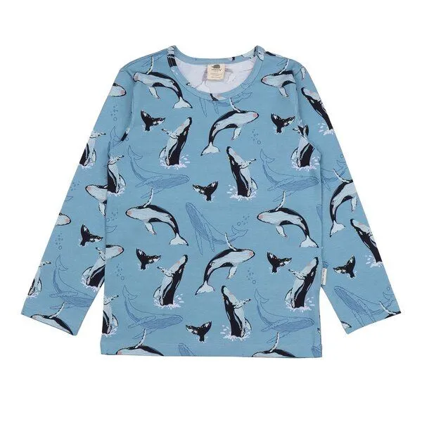 Walkiddy Kinder T-Shirt Bio-Baumwolle GOTS "Jumping Whales" blau – veganes, fair produziertes Walkiddy Kindershirt für empfindliche Haut, Alltag, Kita und Schule, Blau, – Produktbild 2 von 3