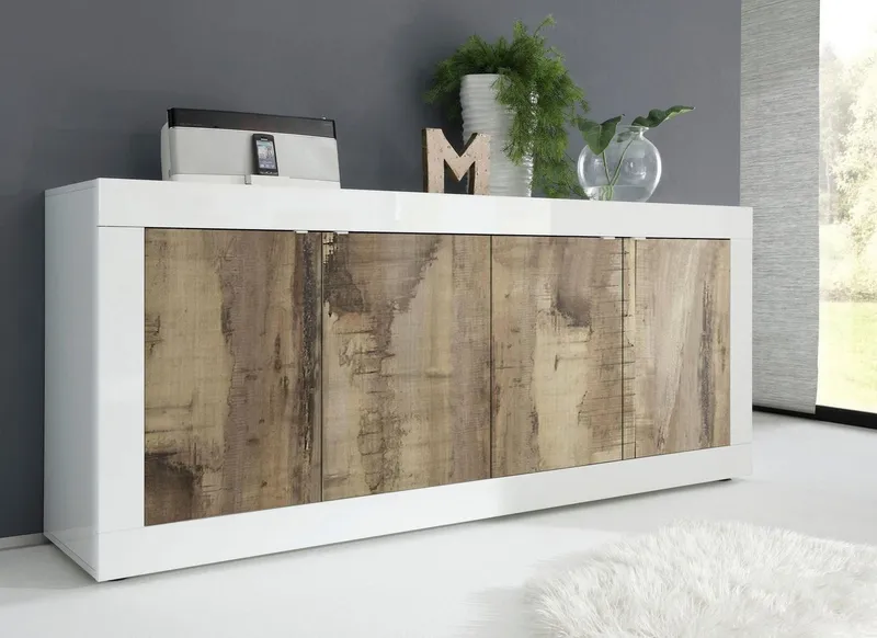 Home affaire Sideboard Basic Breite 207 cm, Kommode 4 Türen, Anrichte, Metallgriff, moderne Rahmenoptik, viel Stauraum, Farbauswahl, Weiß, – Produktbild 2 von 8