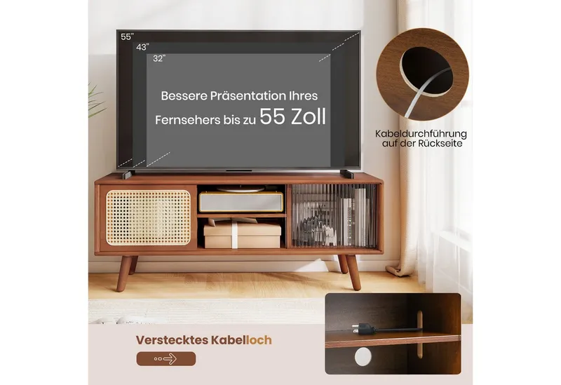 COSTWAY COSTWAY TV-Schrank mit 2 Schiebetüren, Glas und Bambus TV Ständer, Braun, – Produktbild 4 von 5