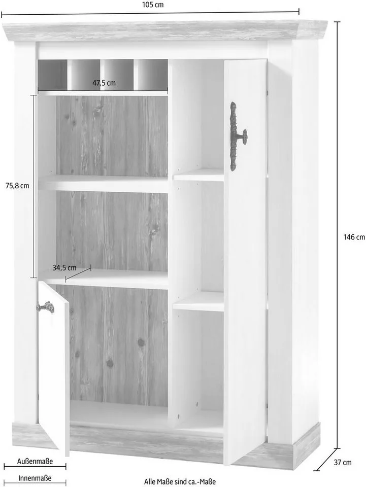 Home affaire Kommode Florenz, im romantischen Landhaus-Look, Breite 105 cm, Weiß, – Produktbild 4 von 5