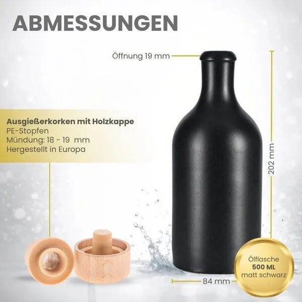 mikken mikken Ölflasche mit Ausgießer 500 ml Keramik mit Holzkappe Flasche aus Steingut, Schwarz, – Produktbild 2 von 3