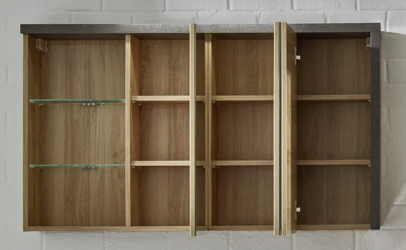 welltime Spiegelschrank Bilbao Badezimmerschrank mit 2 Glasböden und 9 Fächern - (B/T/H) 123/18/71 cm, Beige, – Produktbild 4 von 5