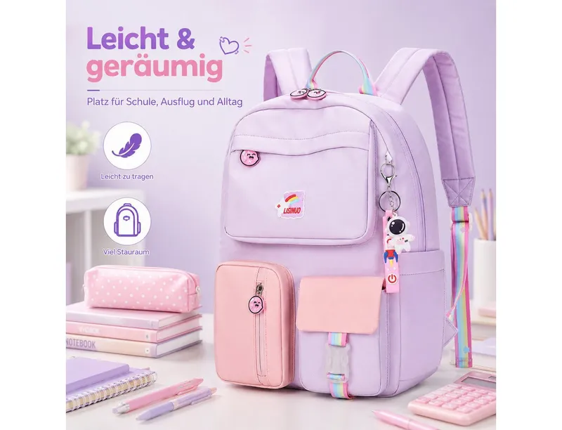 Diyarts Kinderrucksack, Trendiger Mädchenrucksack: Geräumig, Leicht und Robust, Lila, – Produktbild 4 von 5