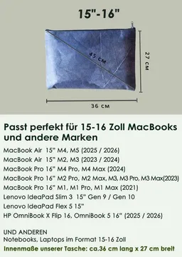 BY COPALA BY COPALA Nachhaltige 15–16 Zoll Laptoptasche aus Teak-Blattleder | Gefütterte vegane Laptop Hülle / Laptop Sleeve, handgemacht & wasserabweisend – Unikat Schutzhülle für MacBook Pro/Air, Lenovo & HP in Marineblau – Produktbild 1 von 1