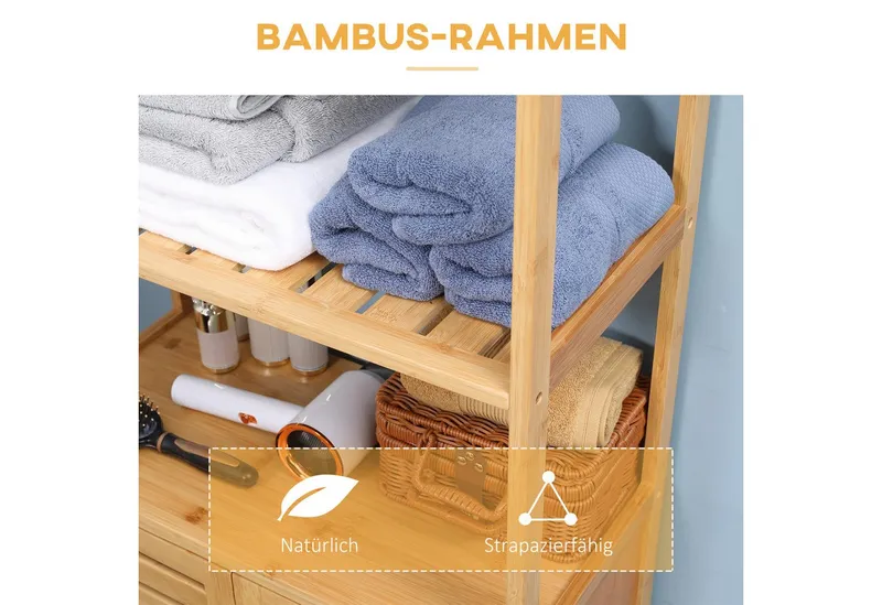 kleankin kleankin Badkommode Küchen-/Aufbewahrungsschrank, 2 Lamellentüren, 2 offene Fächer (Badezimmerschrank aus Bambus, 1 St., Badschrank), für Badezimmer, Wohnzimmer, 60x30x120 cm Natur, Beige, – Produktbild 5 von 5