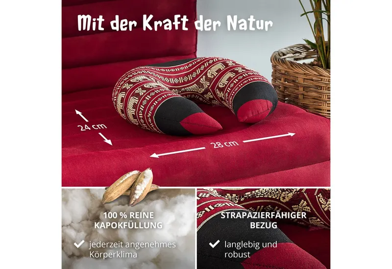 livasia Nackenhörnchen Reisekissen - 24x28x7cm, Kapok, vegan, handgefertigt, Rot, – Produktbild 4 von 5