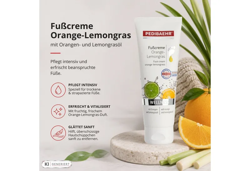 Pedibaehr Fußcreme Pedibaehr Fußcreme Orange-Lemongras 125ml Diabetiker geeignet, 1-tlg., reichhaltige, duftende Pflege & intensive Feuchtigkeit – Produktbild 2 von 5
