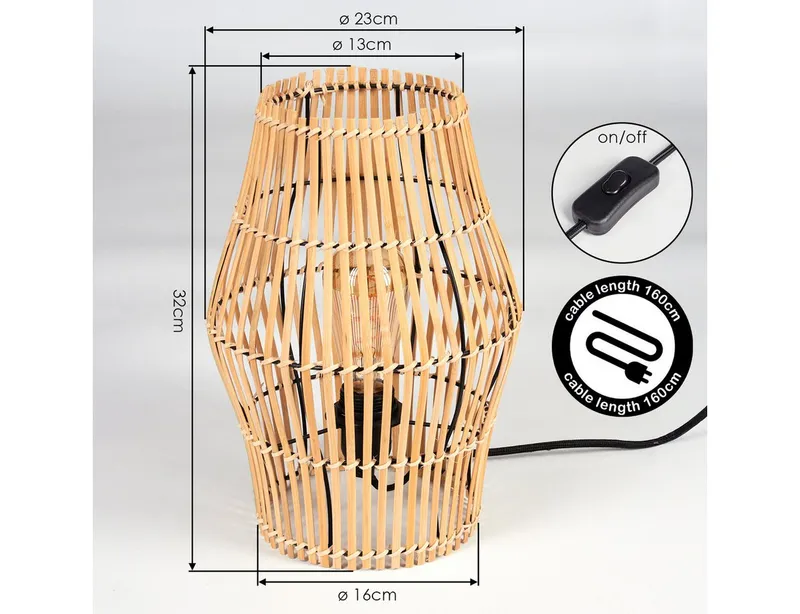 hofstein Tischleuchte Tischlampe aus Metall/Bambus in Schwarz/Naturfarben, ohne Leuchtmittel, Tischleuchte im Boho-Design, Lichteffekt, Schalter am Kabel, 32cm, E27, Beige|schwarz, – Produktbild 4 von 5