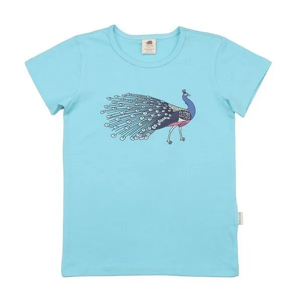 Walkiddy Walkiddy Kinder T-Shirt GOTS zertifiziert, hellblau, Pfau-Print „Fancy Peacocks“, Bio-Baumwolle, weich, Blau, – Produktbild 1 von 3