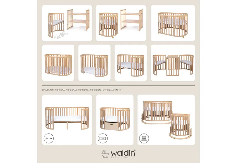 Waldin Waldin Babybett Oval 7in1 mitwachsend, Beistellbett, Matratze, Rollen, Beige, – Produktbild 7 von 8