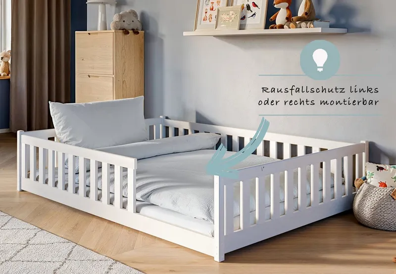 Kids Collective Kinderbett Bodenbett Bett mit Rausfallschutz & Lattenrost Montessori Bett Kinder (Jungen, Mädchen, Kinder, weitere Größen 80x160, 80x180, 90x190, 90x200, 120x200 cm), Jugendbett Gitterbett Einzelbett mit Matratze, Weiß 140x200 cm, Weiß, – Produktbild 4 von 5
