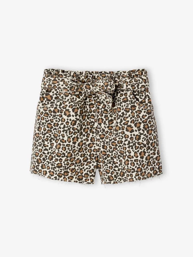 Vertbaudet Twill-Shorts mit Bindegürtel und leicht ausgefranstem Beinabschluss Mädchen vanille leo, Vanille leo, – Produktbild 1 von 4