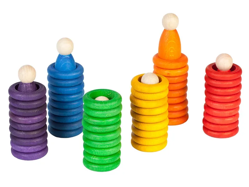 GRAPAT Holzfiguren "Nins" mit Ringen und Scheiben, 60-teilig, bunt 6 Figuren, 36 Ringe und 18 Münzen, Mehrfarbig, – Produktbild 1 von 2