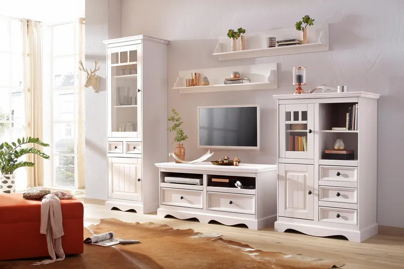 OTTO home Highboard Melissa Vitrine mit 2 Türen und 3 Schubladen, Metallknopfgriffe, mit 2 Türen, eine davon mit Glaseinsatz, natürliche Maserung, Weiß, – Produktbild 1 von 5