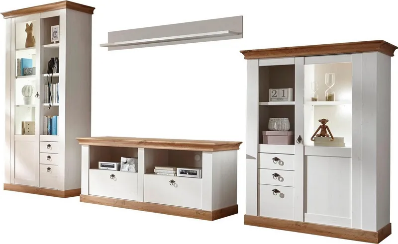 Home affaire Wohnwand Cremona, Anbauwand im Landhausstil, Komplettset, Wohnzimmer-Set, enthält Vitrinen, Lowboard und Wandboard, 376 cm breit, Weiß, – Produktbild 3 von 5