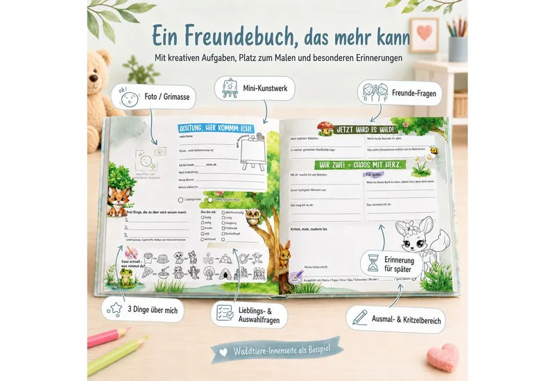 TOBJA Poesiealbum Freundebuch Grundschule Dino 21x21 cm - 30 Freunde, 8 Erwachsene, Dino-Motiv, 92 Seiten, 30 Doppelseiten, FSC®-Papier – Produktbild 5 von 5