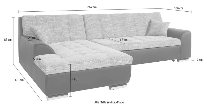 DOMO collection Ecksofa TREVISO viele Bezüge, auch in Cord, L-Form, 267x178 cm, wahlw. mit Bettfunktion, inkl. Zierkissen, Unser Dauertiefpreis, Schwarz, – Produktbild 5 von 8