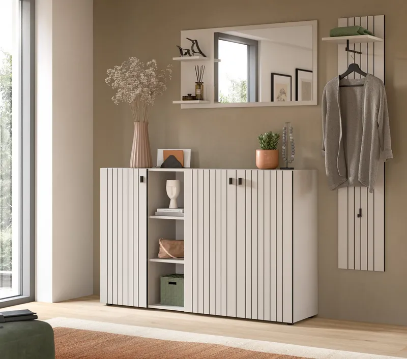Inn.Furn Kombikommode Loreno (Flurkommode / Schuhschrank in Kaschmir und Schwarz, 3-türig, 150 x 96 cm), mit 9 Fächern, Beige, – Produktbild 1 von 5