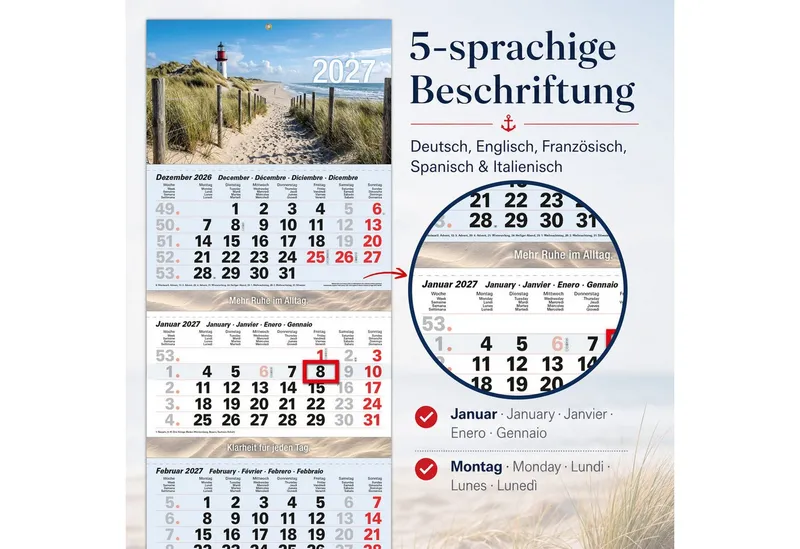 TOBJA Wandkalender 4 Monatskalender 2027 Nordsee Leuchtturm Strand 32x95,5 maritim FSC, Leuchtturm-Motiv, maritim, 32x95,5 cm, Datumsschieber, Metallöse, Grün, – Produktbild 5 von 5
