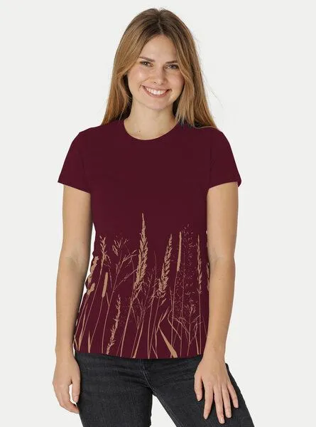 Peaces.bio - handbedruckte Biomode Peaces.bio - handbedruckte Biomode Damen Fit T-Shirt Gräservielfalt, Bordeaux, – Produktbild 2 von 2