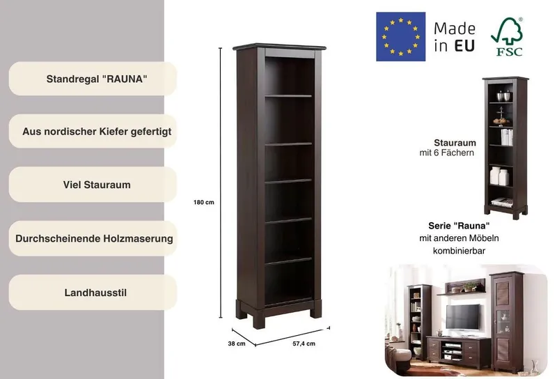 OTTO home Standregal Rauna, Regal, Massivholzregal, Bücherregal, Höhe 180 cm, aus massiver Kiefer, FSC®-zertifiziert, Braun, – Produktbild 1 von 5