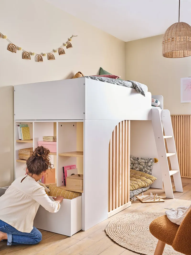 Vertbaudet Kinderbett mit Stauraum PLAYFUL Hochbett 90x190 cm, Weiß, – Produktbild 2 von 4
