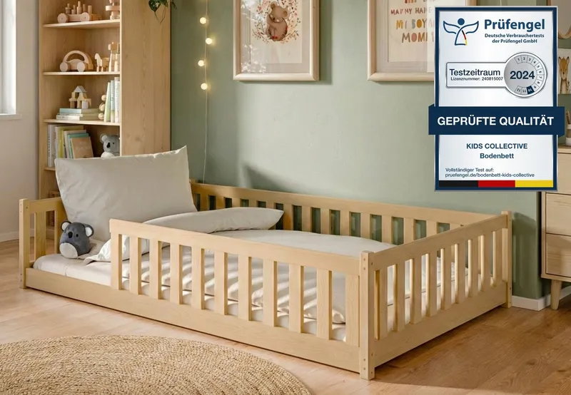 Kids Collective Kinderbett Bodenbett Bett mit Rausfallschutz & Lattenrost Montessori Bett Kinder (Jungen, Mädchen, Kinder, weitere Größen 80x160, 80x180, 90x190, 90x200, 140x200 cm), Jugendbett Gitterbett Einzelbett, Natur Kiefer 120x200 cm, Beige, – Produktbild 2 von 5