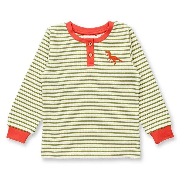 Sense Organics Sense Organics Kinder Schlafanzug, Modell JUNIS, Moosgrün-weiß geringelt mit dino-motiv, – Produktbild 2 von 4