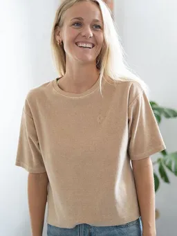 FUXBAU FUXBAU Frauen Cropped Samt T-Shirt - beige gelb geriffelt – Produktbild 1 von 1