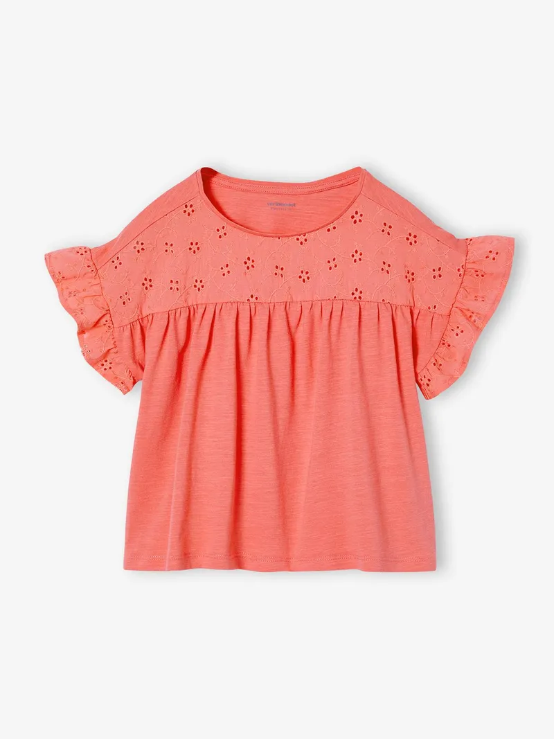 Vertbaudet Blusenshirt mit Volantärmel und Lochstickerei, Koralle, – Produktbild 1 von 3