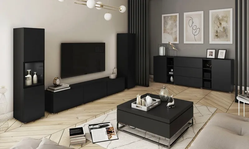 Home affaire Wohnwand BERLIN III, Vitrine Türschlag links/rechts wechselbar, (Komplett-Set, 3-St), moderne grifflose Mediawand Breite 260 cm, Vitrine mit Verglasung, Schwarz, – Produktbild 3 von 4